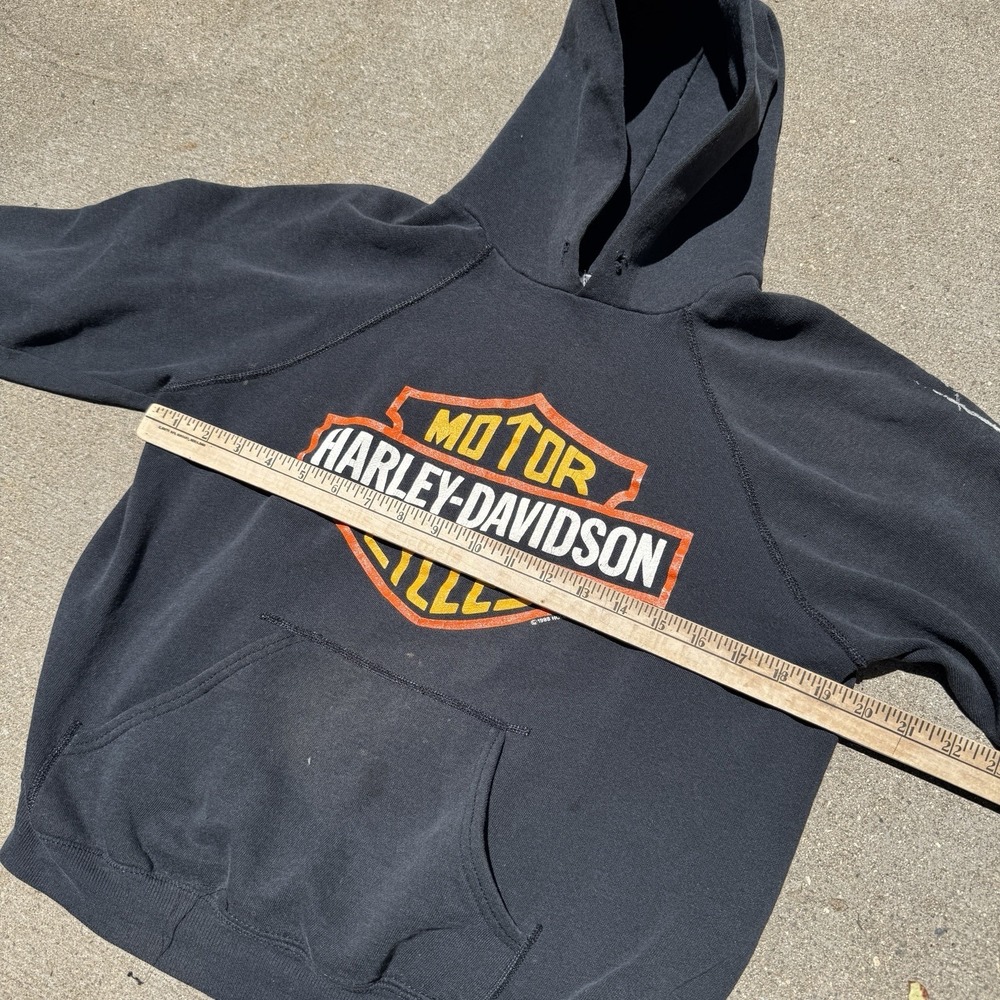 Vintage 80s Harley Davidson Hoodie Sweatshirt Medium Black Detroit Distressed - Picture 11 of 12